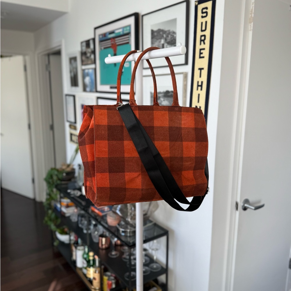 Orange Plaid Tote Bag with Black Strap